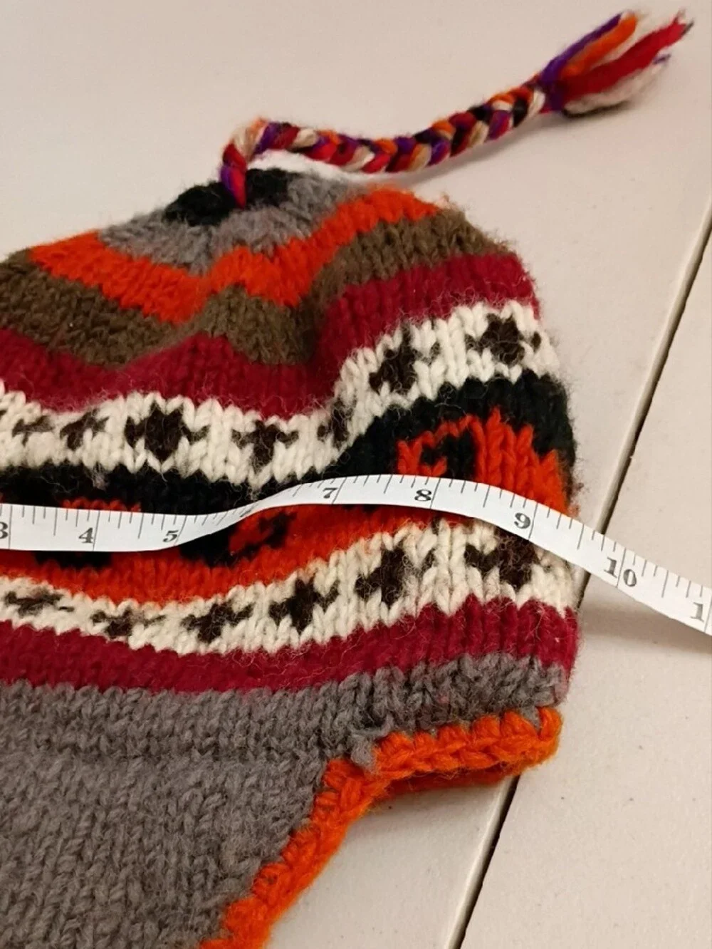 Kids Knit Earflap Hat with Braided Tassels — Gray & Orange